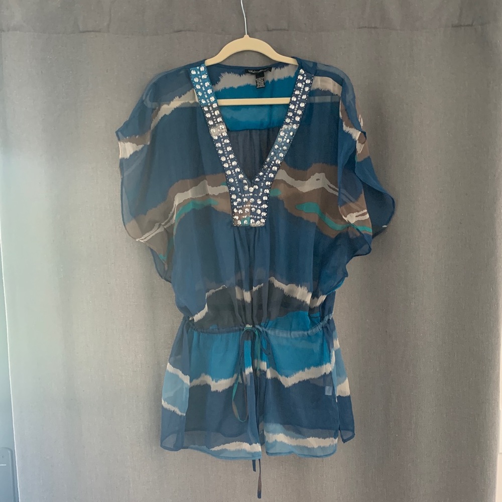 Tonal blue sheer cover up with beading. One size
